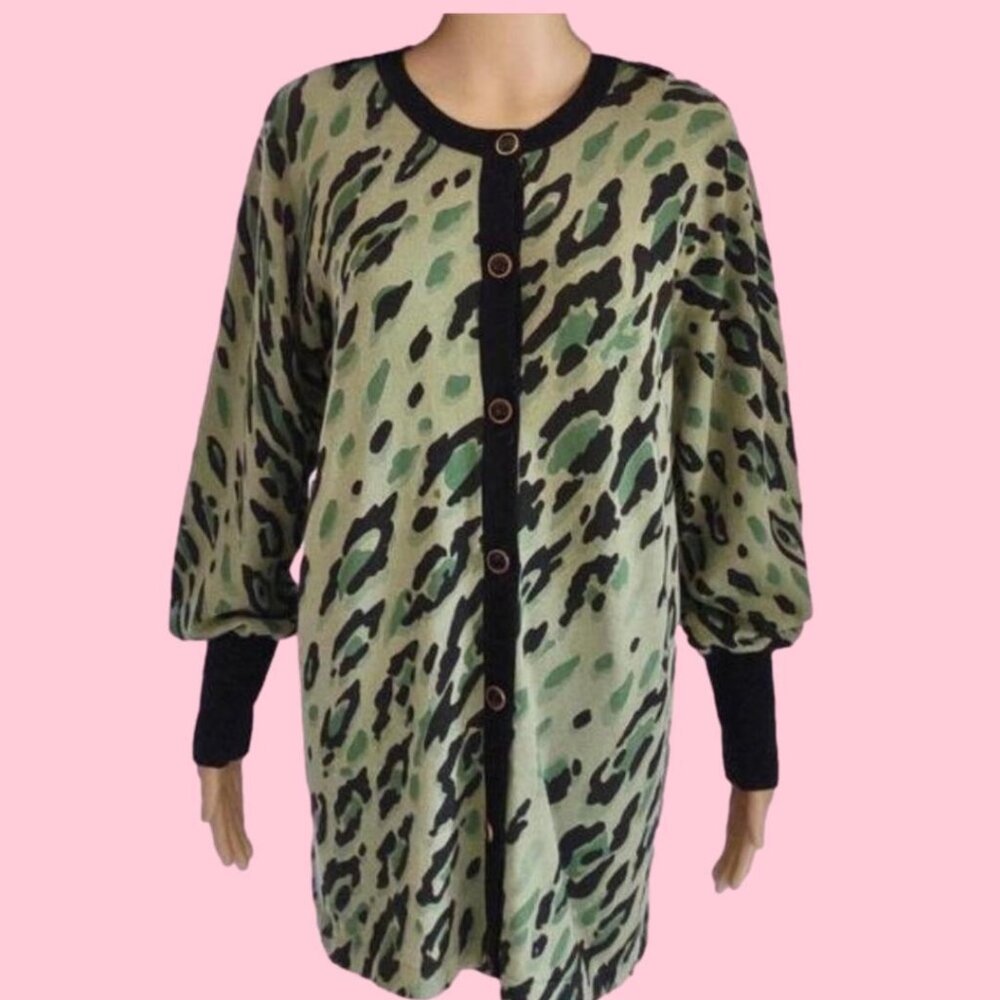 Bob Mackie Wearable Art Green Leopard Camoflauge Cardigan Sweater S